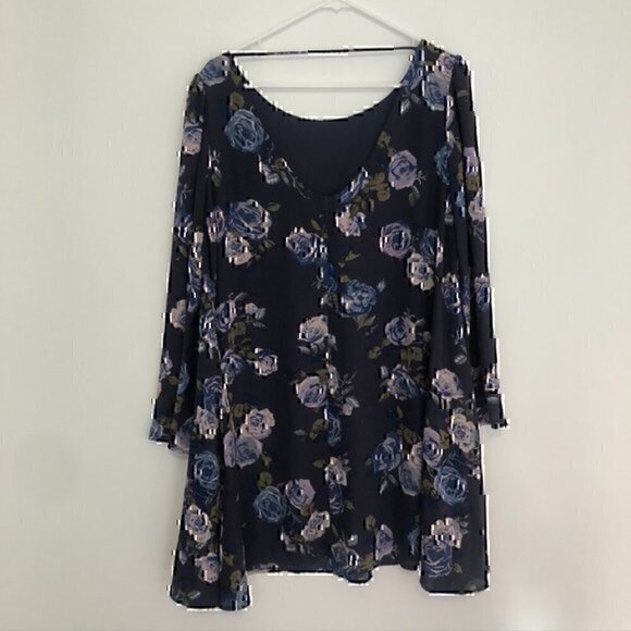 BELLE BADGLEY MISCHKA Navy Blue Green Rose Floral Long Flare Sleeve Shift Dress - Picture 8 of 12